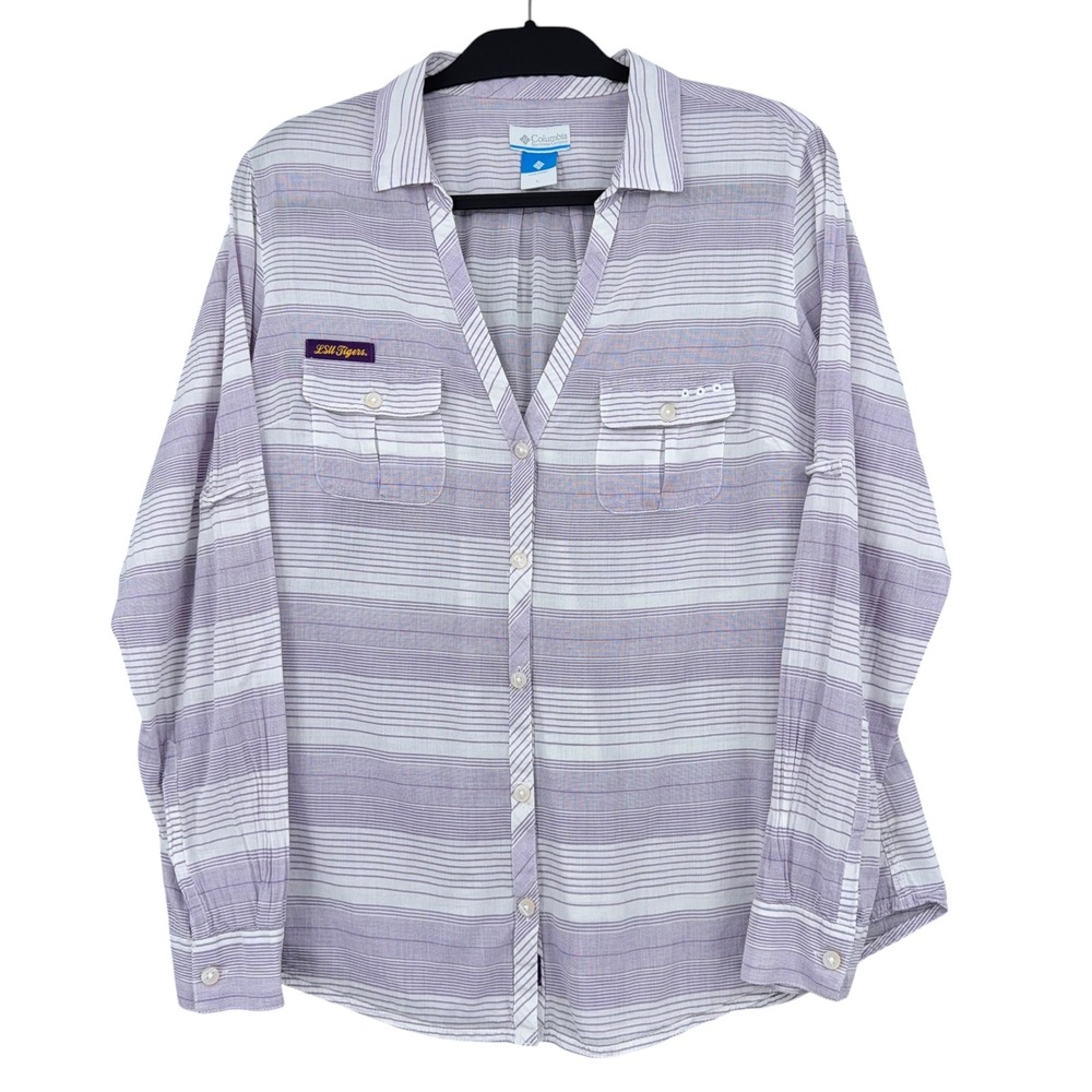 Columbia PFG LSU Tigers Women Large Cotton Purple White Stripe Button Down Shirt